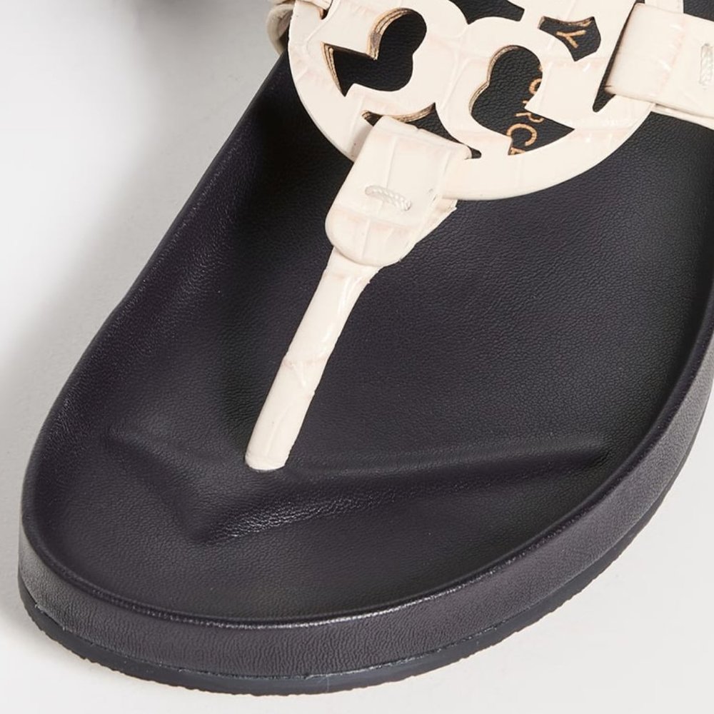 Tory Burch CROC EMBOSSED Miller Cloud Leather Thong Slides New Ivory Cream Navy - Picture 7 of 7
